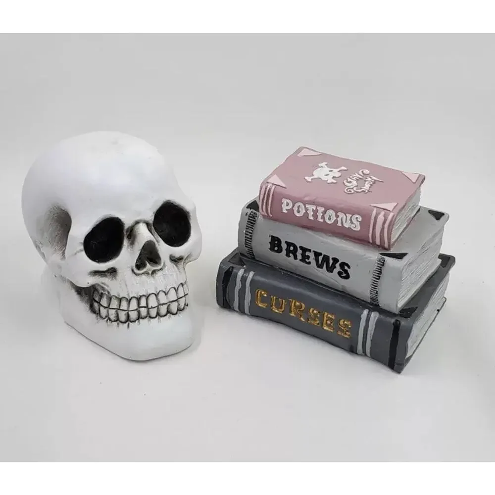 Set of 4 Mini Halloween Figures Book Stack Skull Crow Snake Pink & Gray NEW